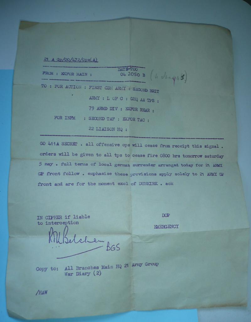 WW2 Original 21st Army Group Communique Ceasefire Command for 0800 Hours 5th May 1945