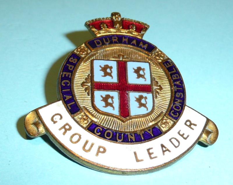 WW1 Durham County Special Constable Constabulary Police Gilt & Enamel Mufti Buttonhole Lapel Badge - Group Leader Scroll