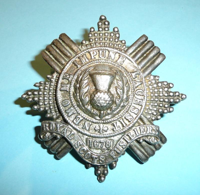 1st Battalion Royal Scots Fusiliers (RSF) Piper's Feather Bonnet White Metal Cast Badge