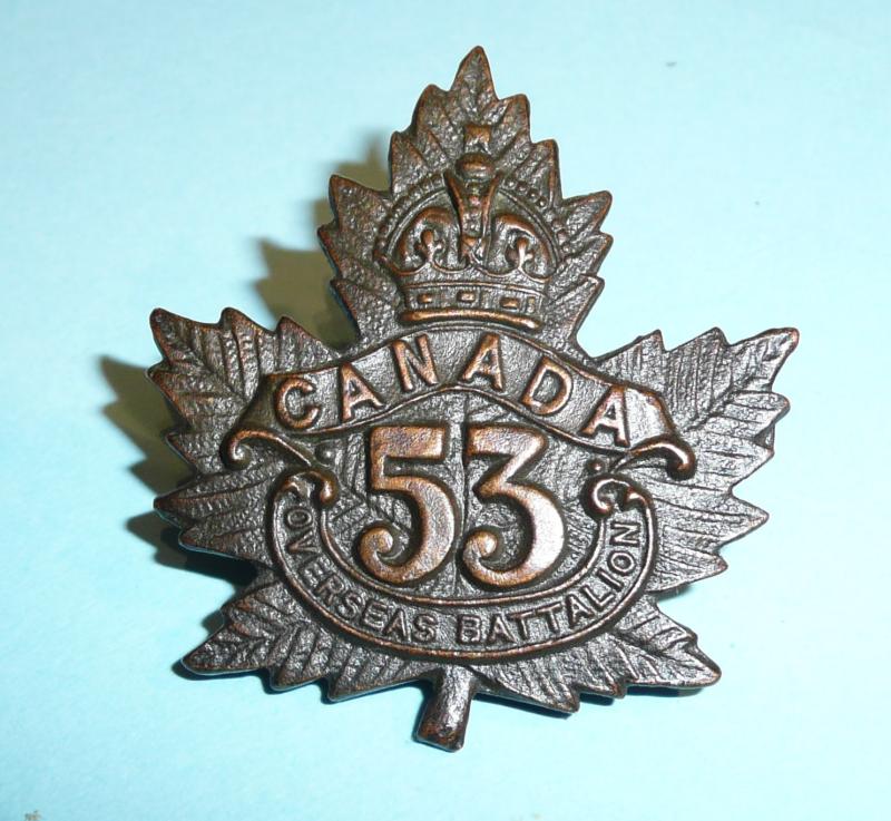 WW1 Canada - 53rd Battalion CEF (Prince Albert Saskatchewan) Browning Copper Cap Badge - Blades