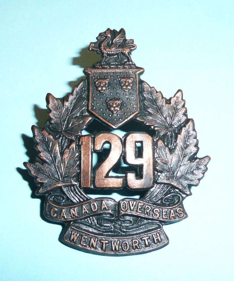 WW1 Canada - 129th Battalion (Wentworth County, Ontario)  CEF Browning Copper Cap Badge