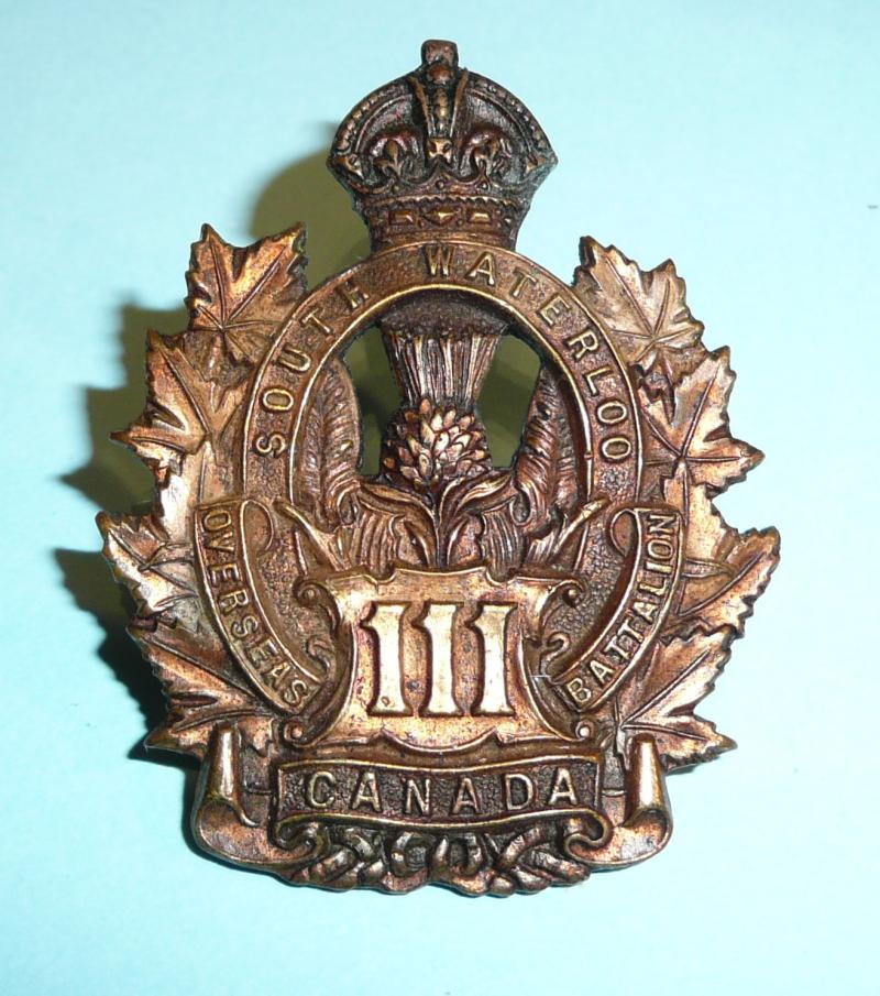 WW1 Canada - 111th (South Waterloo) CEF Battalion Pickled Copper Cap Badge
