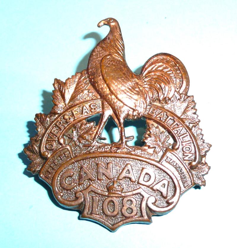 WW1 Canada  - 108th (Selkirk, Manitoba) Overseas Battalion CEF Canadian Expeditionary Force Pickled Copper Cap Badge - Dingwall