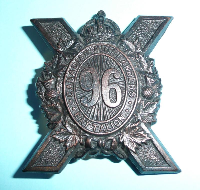 WW1 Canada  - 96th (Saskatchewan Highlanders) CEF Canadian Expeditionary Force Browning Copper Cap Badge - Dingwall and Blades