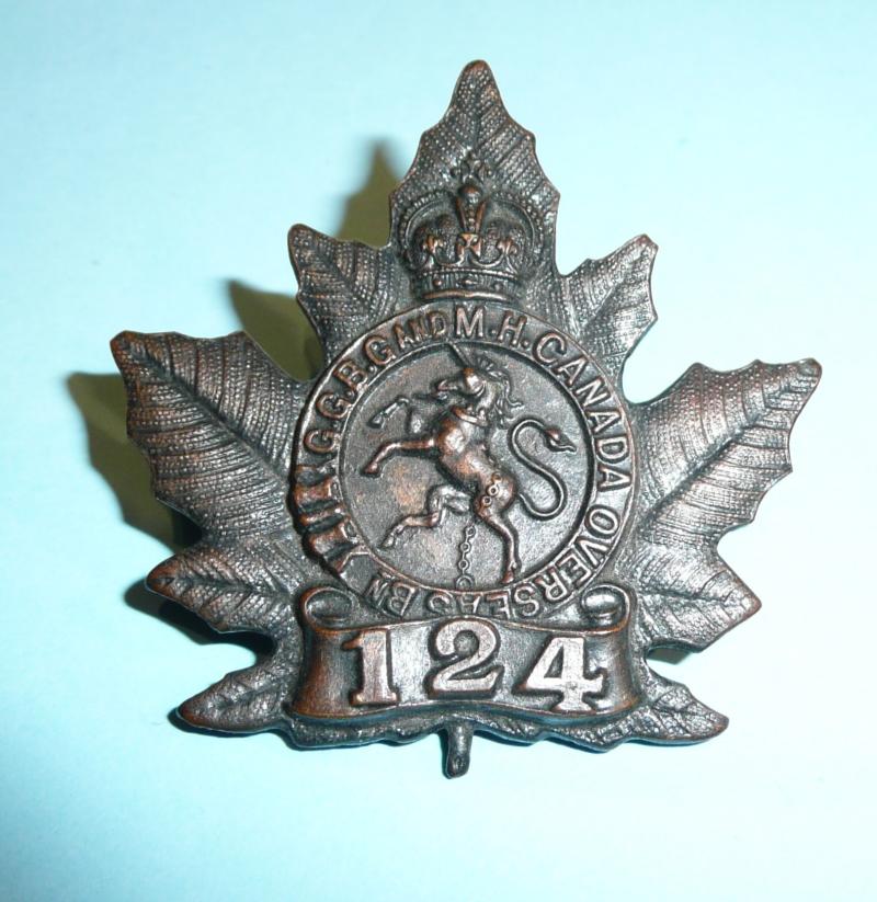 WW1 Canada - 124th Infantry Battalion (Governor General's Body Guard) CEF Canadian Expeditionary Force Overseas Infantry Battalion Cap Badge