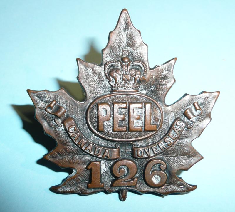 WW1 Canada - 126th Infantry Battalion (Peel County, Ontario) CEF Canadian Expeditionary Force Overseas Infantry Battalion Cap Badge