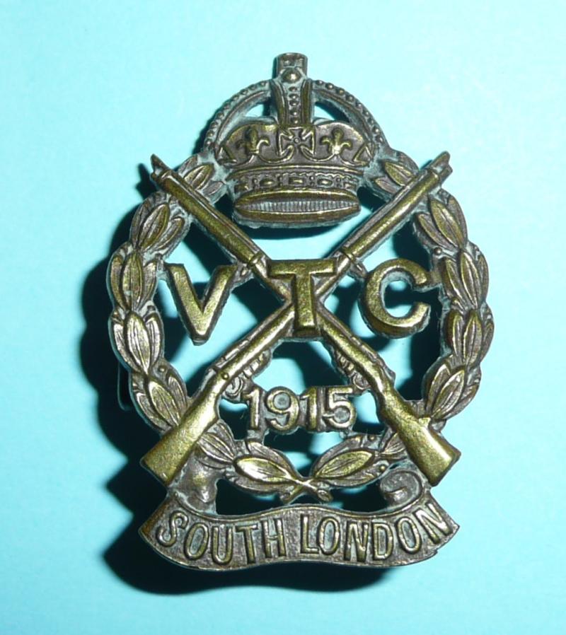 WW1 Home Front - South London Volunteer Training Corps (VTC) Gilding Metal Cap Badge - Gaunt Tablet