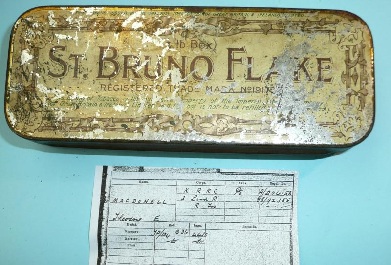 WW1 Tobacco Tin with Contents of One Soldiers Personal Kit Knick Knacks including Dog Tags, Bullet Knife and Wound Stripe - Attributed