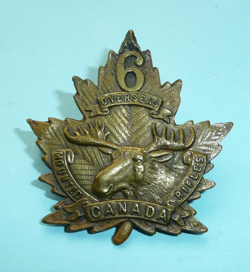 WW1 Canada - 6th Canadian Mounted Rifles (CMR)  Pickled Brass Cap Badge - Larger Pattern