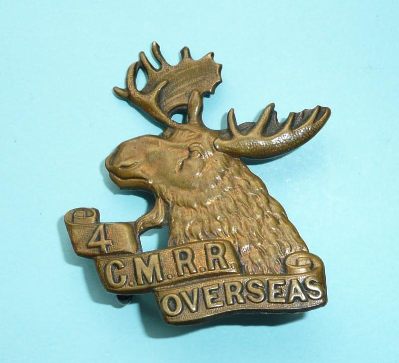 WW1 Canada  - 4th Canadian Mounted Rifles (CMRR) Gilding Metal Brass Cap Badge