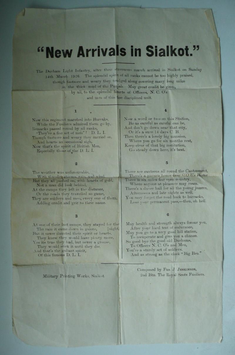 Printed Poem to commemorate the arrival of the 2nd Battalion Durham Light Infantry (DLI) in Sialkot India 1926