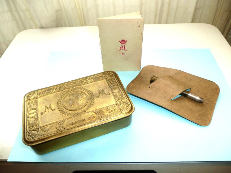 WW1 1914 Princess Marys Gift Tin with Sterling Silver Marked Bullet Pencil on Card Mount with 1915 New Year Card