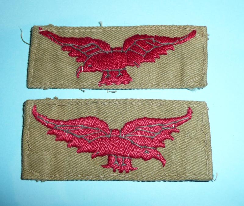 WW2 Royal Air Force (RAF) Tropical Issue Woven Red on Khaki Drill Cloth Eagle Arm Badges, Facing Pair