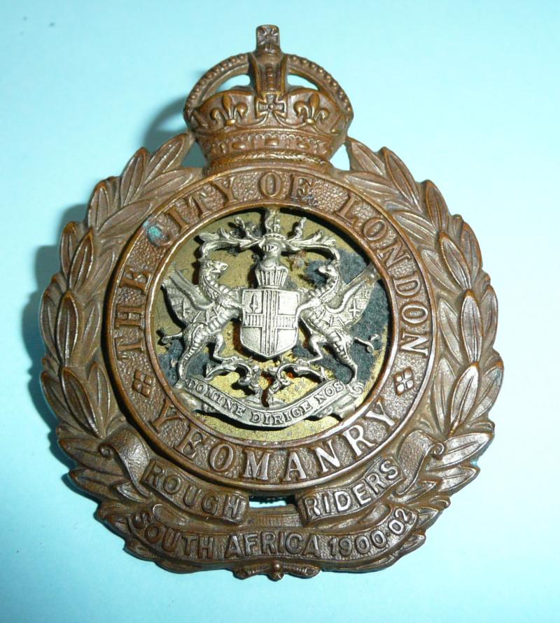 City of London Yeomanry (Rough Riders) With Blue Insert with King's Crown. Bi-metal Other Ranks' metal cap badge