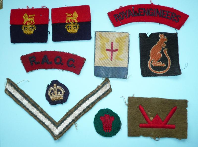 Useful Job Lot of Mixed WW2 and Post WW2 Cloth Shoulder Titles, Rank Insignia and Formation Signs