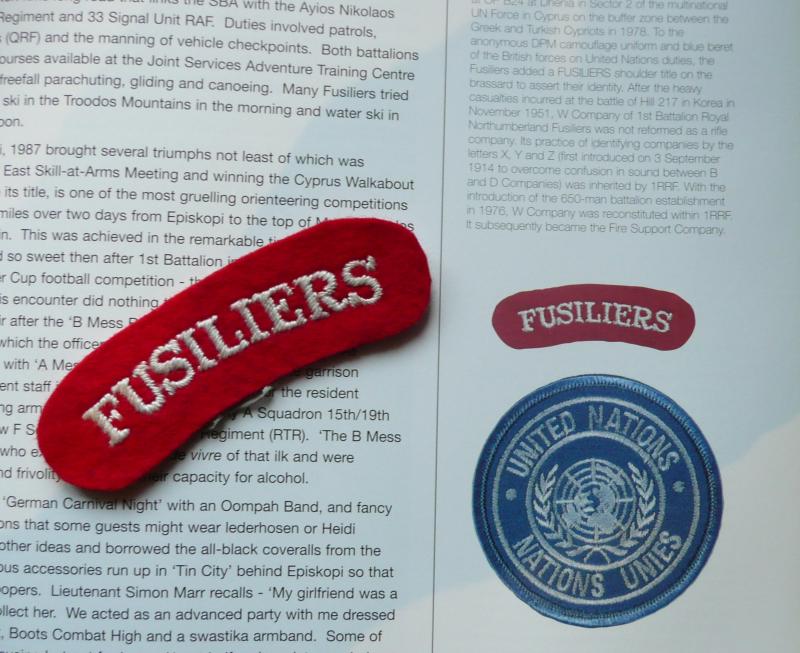 FUSILIERS woven white on red worsted felt cloth shoulder title