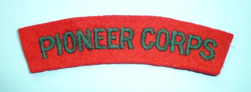 WW2 Pioneer Corps Embroidered Felt Green on Scarlet Cloth Shoulder Title